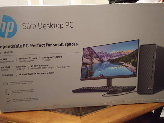 HP Slim S01-aF0026b Desktop PC Bundle, Windows 11, AMD Ryzen 3, 256GB SSD, 500GB HD, 23.8 HP Monitor, Open-Box(New)