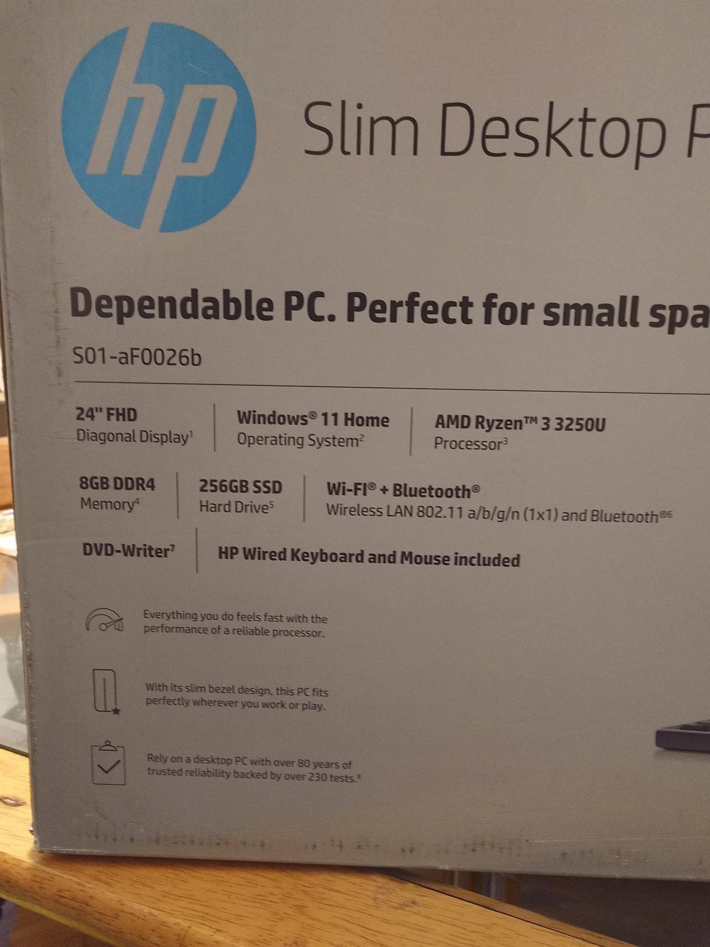 HP Slim S01-aF0026b Desktop PC Bundle, Windows 11, AMD Ryzen 3, 256GB SSD, 500GB HD, 23.8 HP Monitor, Open-Box(New)